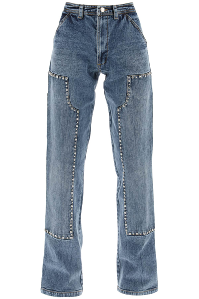 Shop Des Phemmes Straight Cut Jeans With Rhinestones In Blue (blue)