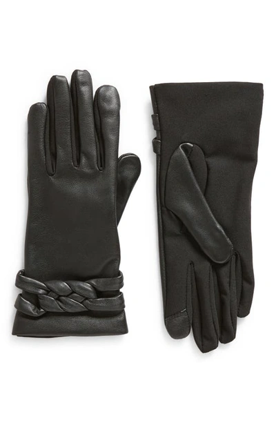 Cole Haan Braid Strap Mixed Media Leather Gloves In Black