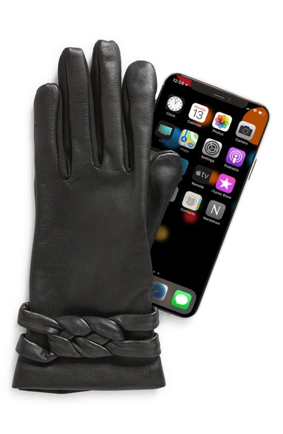 Cole Haan Braid Strap Mixed Media Leather Gloves In Black