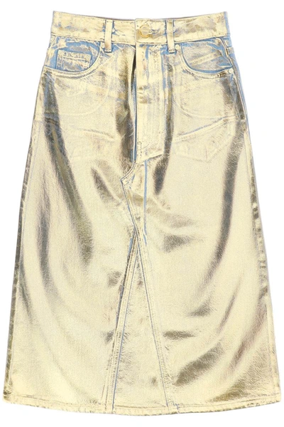 Shop Ganni Gold Foil Denim Midi Skirt In Multicolor