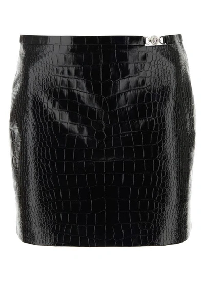 Shop Versace Woman Black Leather Mini Skirt