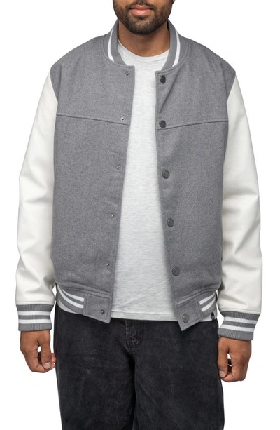 Shop X-ray Mixed Media Faux Leather Bomber Jacket In Grey/ White
