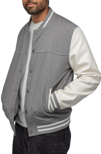 Shop X-ray Mixed Media Faux Leather Bomber Jacket In Grey/ White