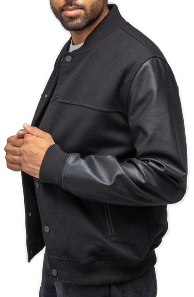 X-ray Mixed Media Faux Leather Bomber Jacket In Black/ Black