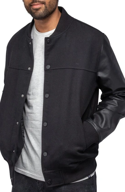 X-ray Mixed Media Faux Leather Bomber Jacket In Black/ Black