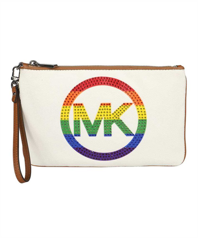 Shop Michael Michael Kors Logo Print Zipped Flat Pouch In White