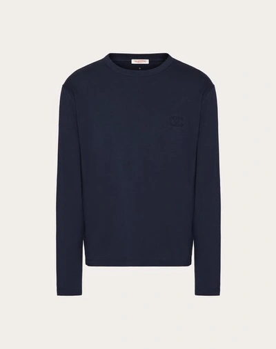 Shop Valentino Long-sleeve Cotton T-shirt With Vlogo Signature Patch In Navy