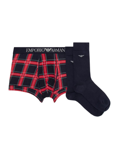 Shop Emporio Armani Men's 2-piece Socks & Plaid Boxer Briefs Set In Check Marine