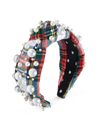 Shop Lele Sadoughi Women's Imitation-pearl-embellished Plaid Knotted Headband In Ivory Plaid