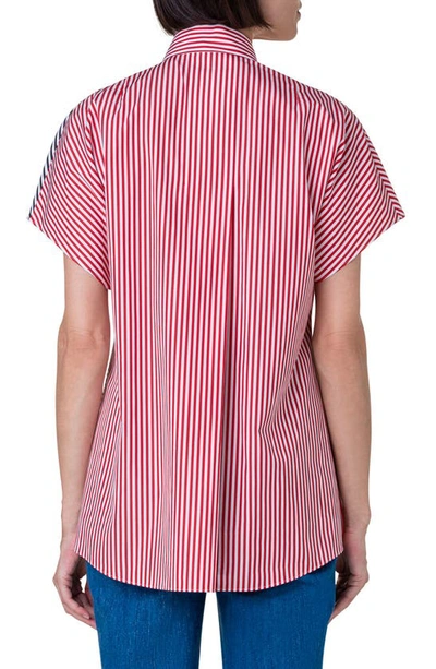 Shop Akris Punto Two-tone Directional Stripe Short Sleeve Button-up Cotton Shirt In Cream-red-black