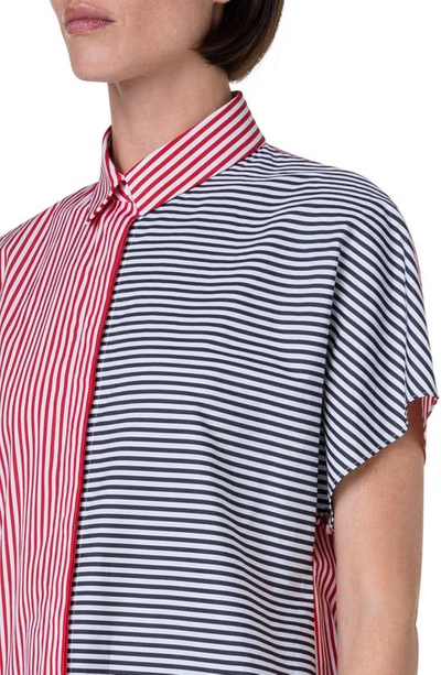 Shop Akris Punto Two-tone Directional Stripe Short Sleeve Button-up Cotton Shirt In Cream-red-black