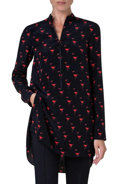 Shop Akris Punto Flamingo Print Silk Crêpe De Chine Shirt In Black-red