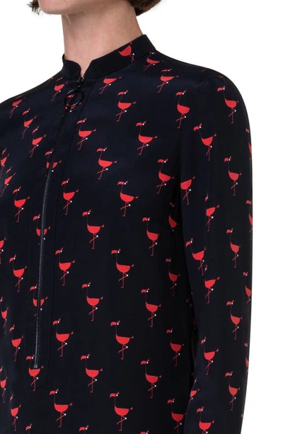 Shop Akris Punto Flamingo Print Silk Crêpe De Chine Shirt In Black-red