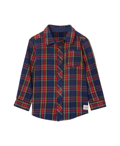 Shop Cotton On Little Boys Rugged Long Sleeve Shirt In In The Navy,heritage Red Plaid