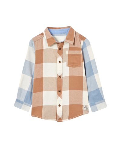 Shop Cotton On Toddler Boys Rugged Long Sleeve Shirt In Taupe Brown,dusty Blue Splice Plaid