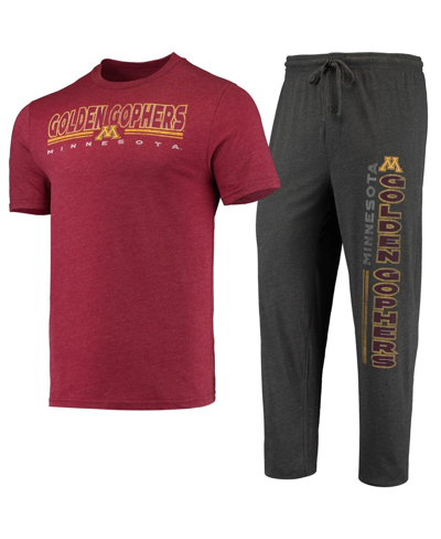 Concepts Sport Men's  Heathered Charcoal, Maroon Minnesota Golden Gophers Meter T-shirt And Pants Sle In Heathered Charcoal,maroon