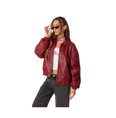 Shop Edikted Women's Halley Faux Leather Bomber Jacket In Bordu