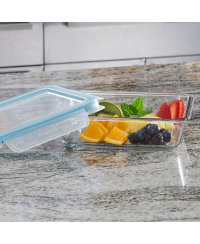 Anchor Hocking Glass 6 Cup Rectangle Food Storage With Truelock Locking Lid, 2 Piece Set In Clear Glass,mineral Blue Lid