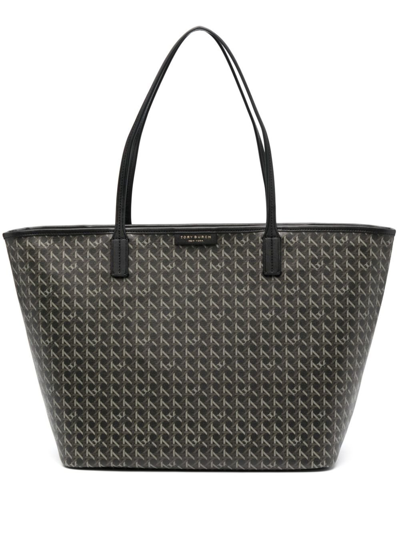 Tory Burch 'ever Ready' Black Tote Bag With Logo Patch On The Front And All-over Double T Motif In Black