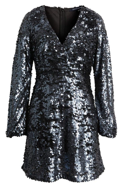 Shop French Connection Bisma Sequin Long Sleeve Faux Wrap Cocktail Dress In Gunmetal Silver