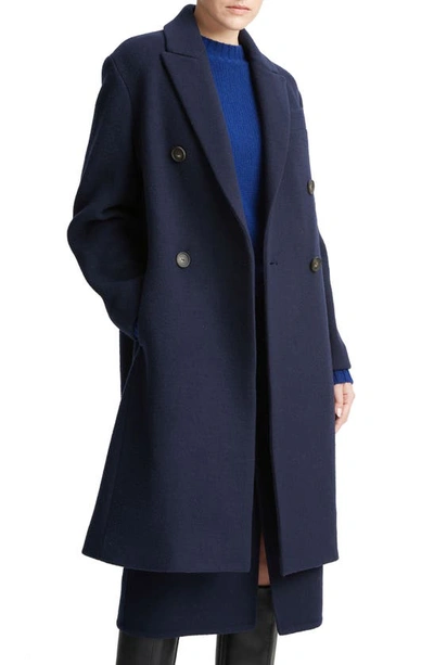 Shop Vince Double Breasted Brushed Wool Blend Coat In Deep Caspian