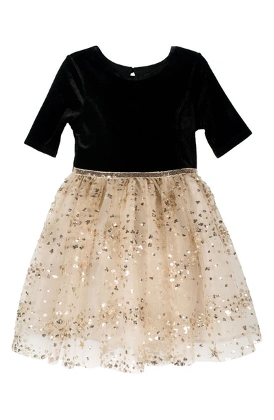 Shop Zunie Kids' Sequin Velvet & Mesh Party Dress In Black Champagne