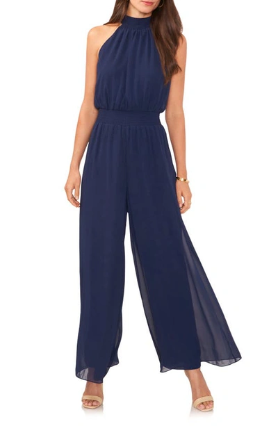 Shop Vince Camuto Tie Neck Chiffon Overlay Wide Leg Jumpsuit In Classic Navy