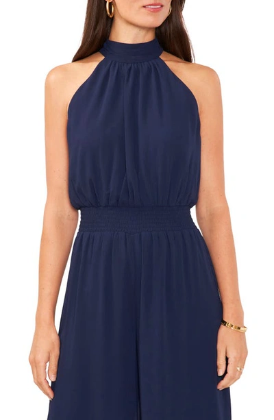 Shop Vince Camuto Tie Neck Chiffon Overlay Wide Leg Jumpsuit In Classic Navy