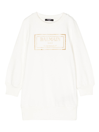 Shop Balmain White Logo-print Cotton Dress