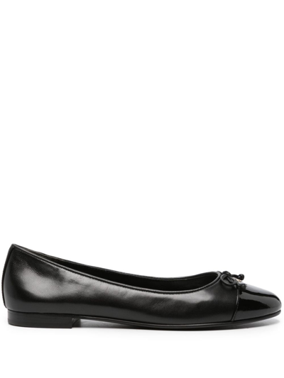 Shop Tory Burch Black Bow-embellished Leather Ballerina Shoes