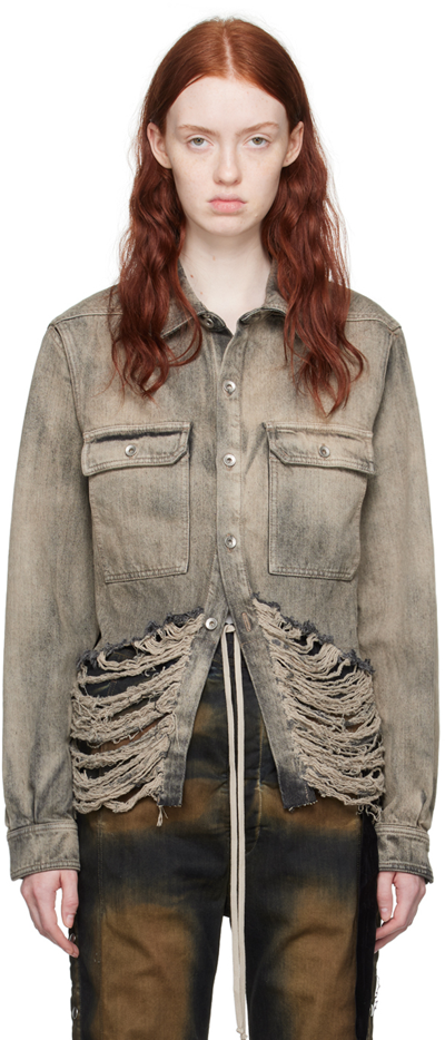 Shop Rick Owens Drkshdw Taupe Cape Sleeve Denim Jacket In 58 Mineral Fringed