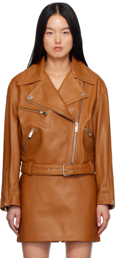 Shop Versace Tan Biker Leather Jacket In 1na60-caramel