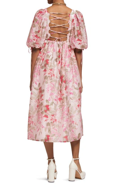 & Other Stories Floral Puff Sleeve Lace-up Back Dress In Pink Flower Aop