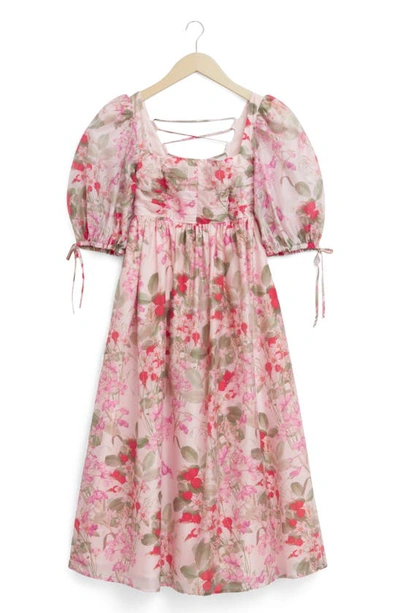 & Other Stories Floral Puff Sleeve Lace-up Back Dress In Pink Flower Aop