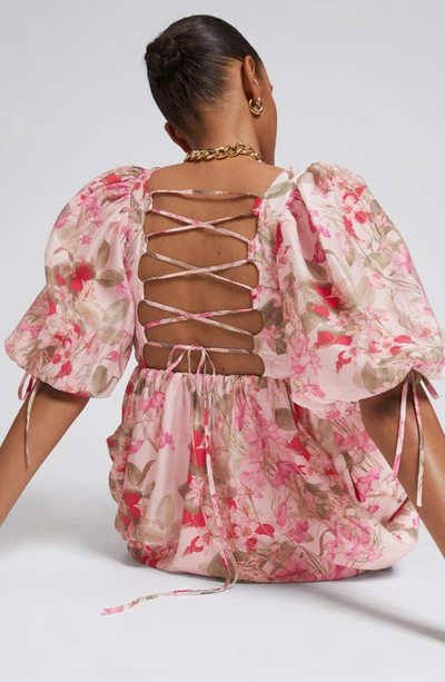 & Other Stories Floral Puff Sleeve Lace-up Back Dress In Pink Flower Aop