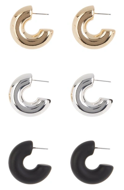 Shop Tasha Set Of 3 Huggie Hoop Earrings In Gold/ Silver/ Jet Black