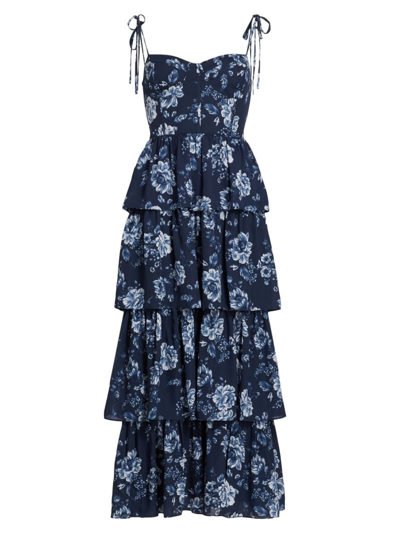 Shop Wayf Women's Floral Tiered Busteir Maxi Dress In Navy