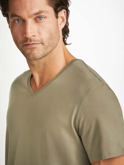 Shop Derek Rose Men's V-neck T-shirt Basel Micro Modal Stretch Khaki