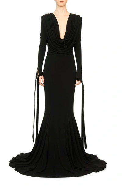Shop Interior The Shep Plunge Neck Long Sleeve Gown With Train In Midnight