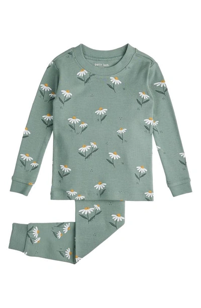 Shop Petit Lem Kids' Floral Fitted Two-piece Pajamas In Dusty Green