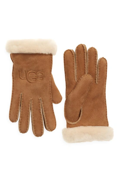 Shop Ugg Logo Embroidered Suede & Genuine Shearling Gloves In Chestnut