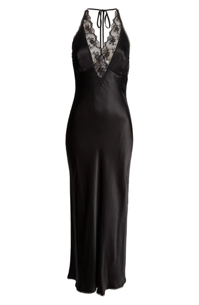 Shop Sir Aries Lace Trim Halter Silk Gown In Black
