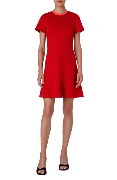 Shop Akris Punto Tipped Neckline Short Sleeve Stretch Jersey Dress In Red