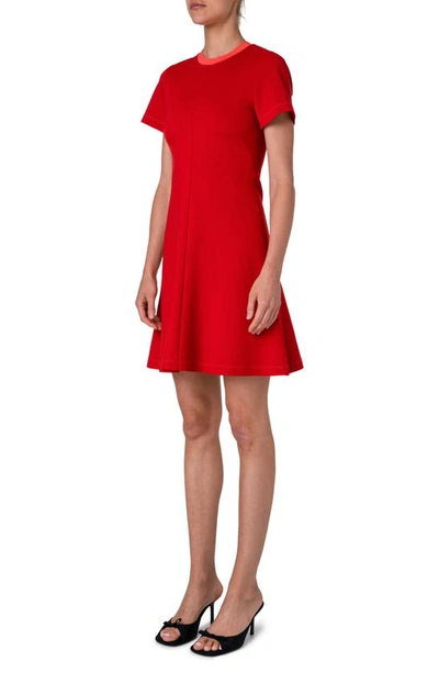 Shop Akris Punto Tipped Neckline Short Sleeve Stretch Jersey Dress In Red