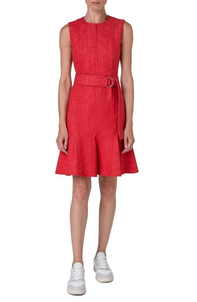 Shop Akris Punto Belted Sleeveless Denim Dress In Red