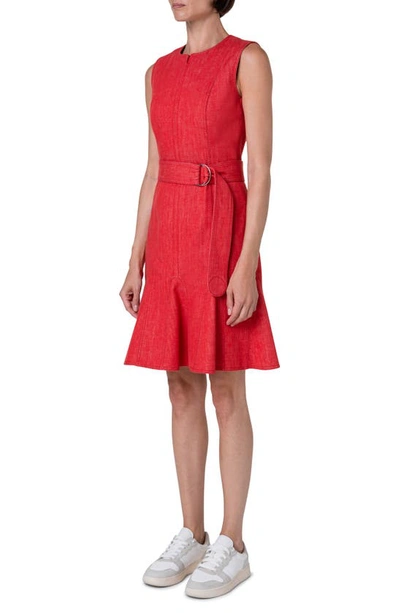 Shop Akris Punto Belted Sleeveless Denim Dress In Red