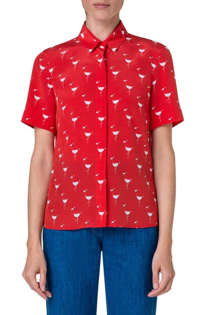 Shop Akris Punto Flamingo Print Silk Crêpe De Chine Shirt In Red-cream