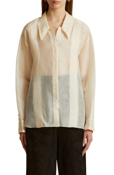 Shop Khaite Nori Pleated Sheer Silk Button-up Shirt In Bone