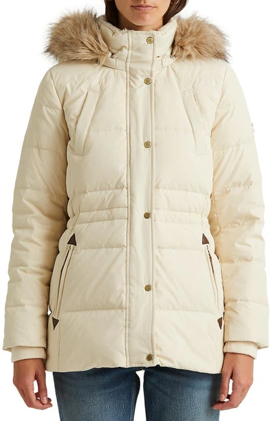 Shop Lauren Ralph Lauren Icon Down & Feather Puffer With Faux Fur Trim Hood In Moda Cream