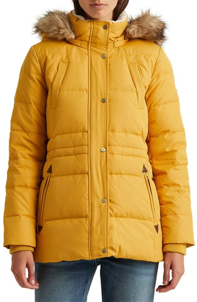 Shop Lauren Ralph Lauren Icon Down & Feather Puffer With Faux Fur Trim Hood In Light Mustard